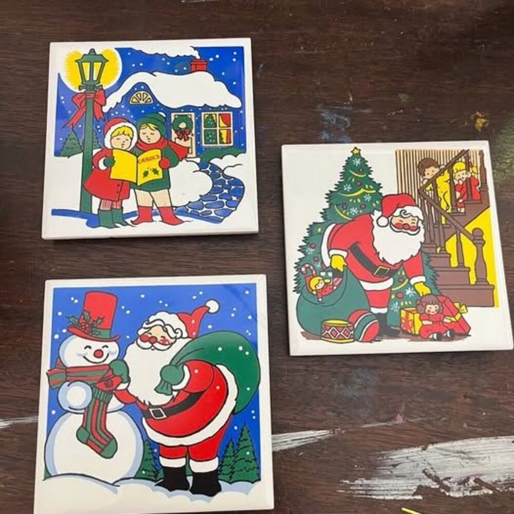Vintage Christmas Ceramic Tile Coasters - Set of 3